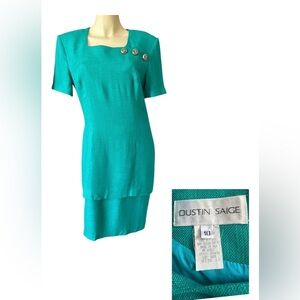 Vintage 80s/90s Dustin Saige Dress Women Size 10 Teal Cool Buttons Short Sleeve